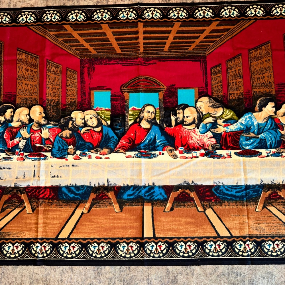 VTG The Last Supper Velvet Tapestry Wall Hanging Red Blue 40x58 Religious Art